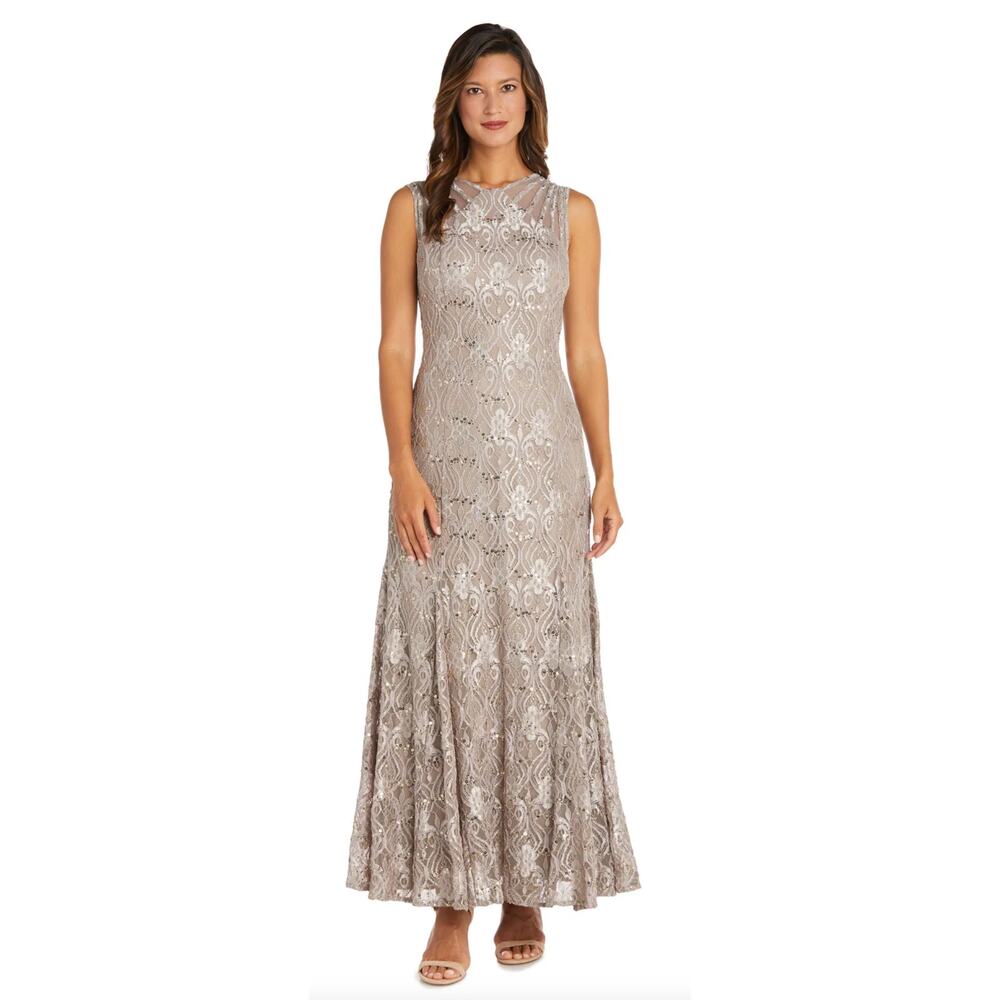 R&M Richards Womens Sequined Lace Gown Dress Sheer Inserts Champagne Size 6 NWT